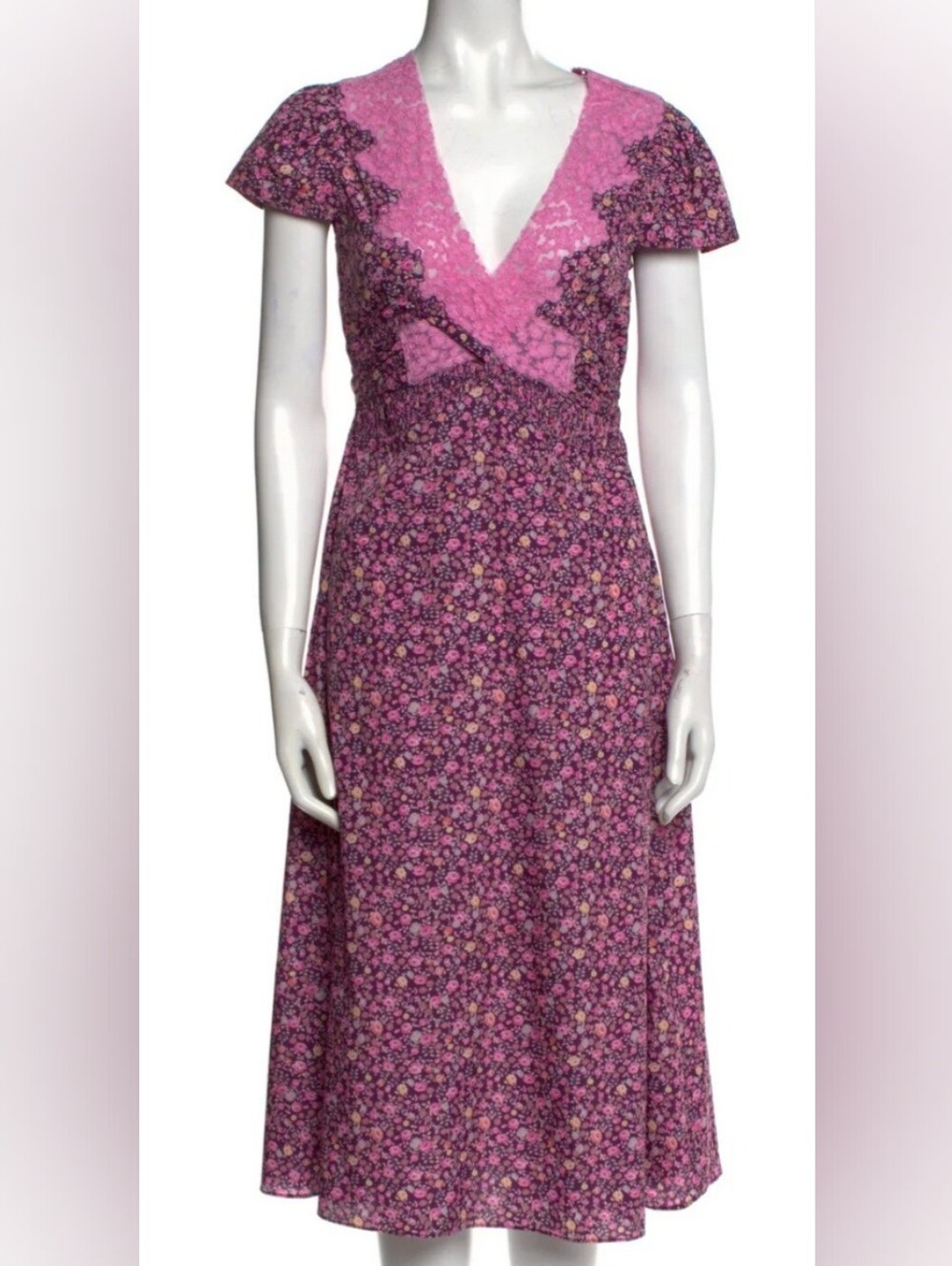 LoveShackFancy Pink Floral Lace-Trim Maxi Dress
